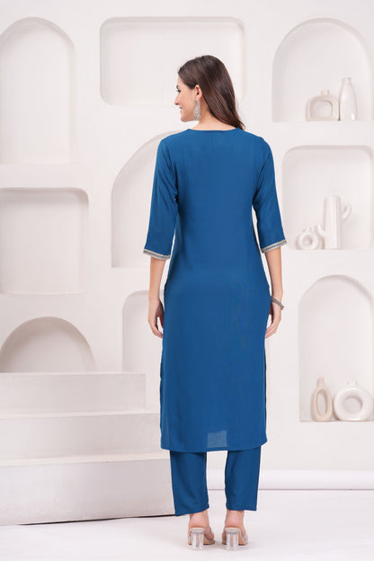Teal Blue Solid Straight Kurta Set With Organza Dupatta