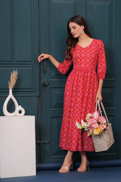 Red Bandhani Printed Flared Dress