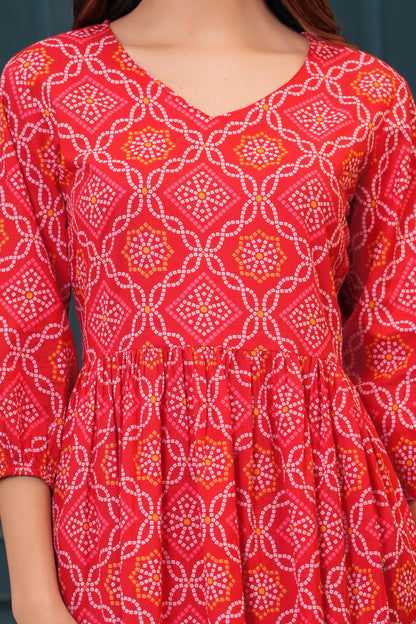 Red Bandhani Printed Flared Dress
