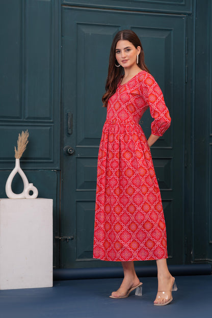 Red Bandhani Printed Flared Dress