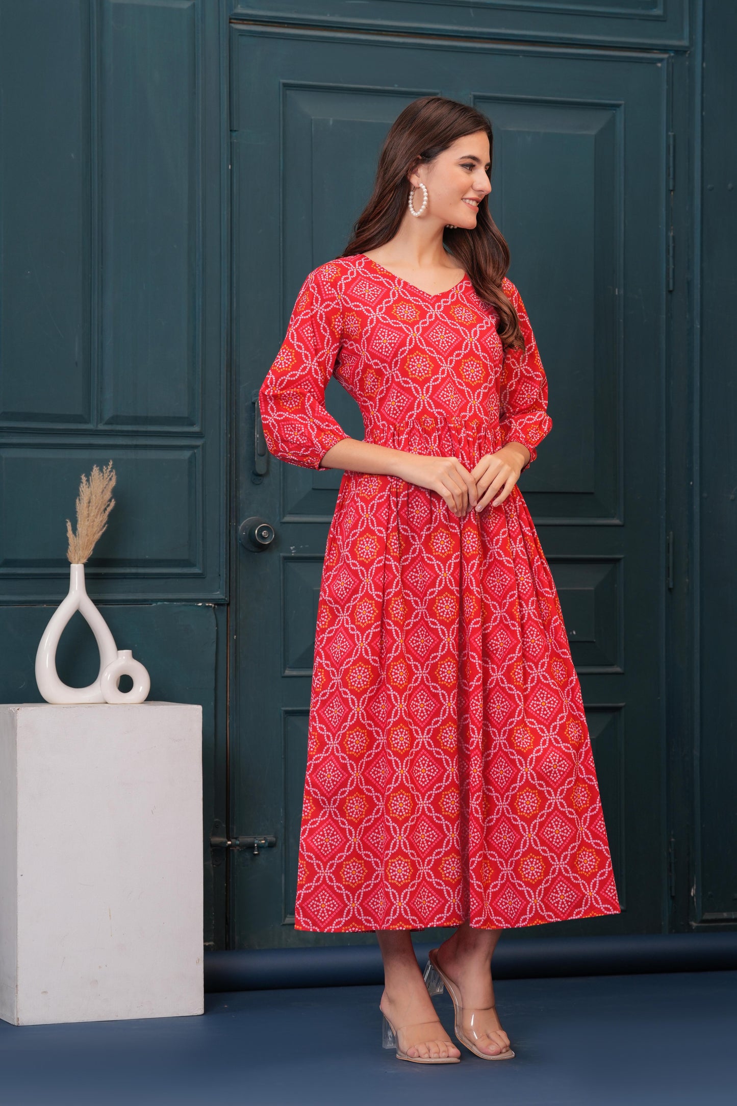 Red Bandhani Printed Flared Dress