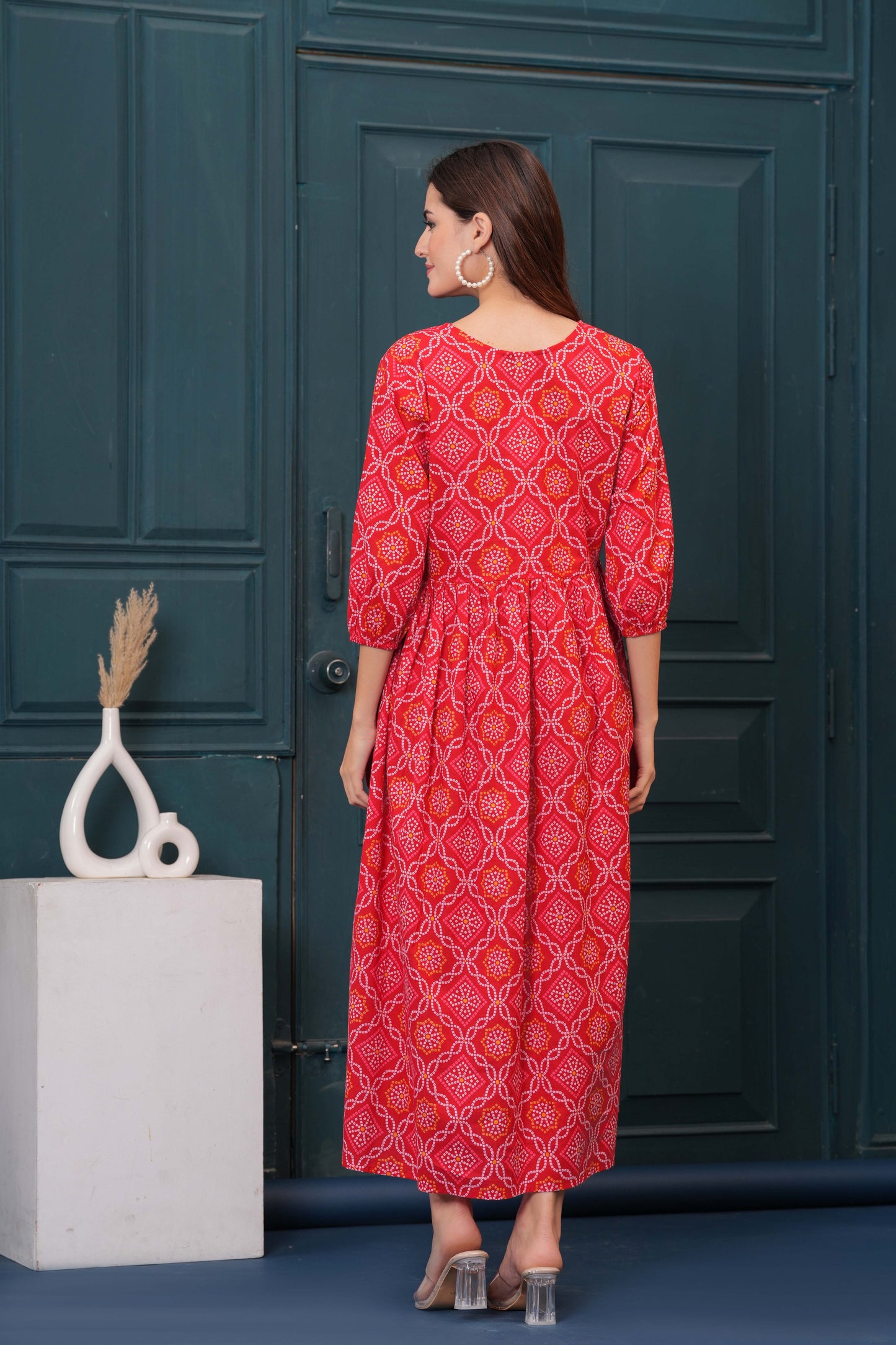 Red Bandhani Printed Flared Dress
