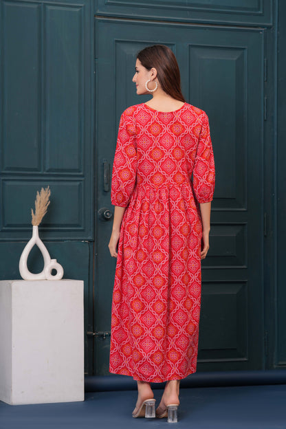 Red Bandhani Printed Flared Dress
