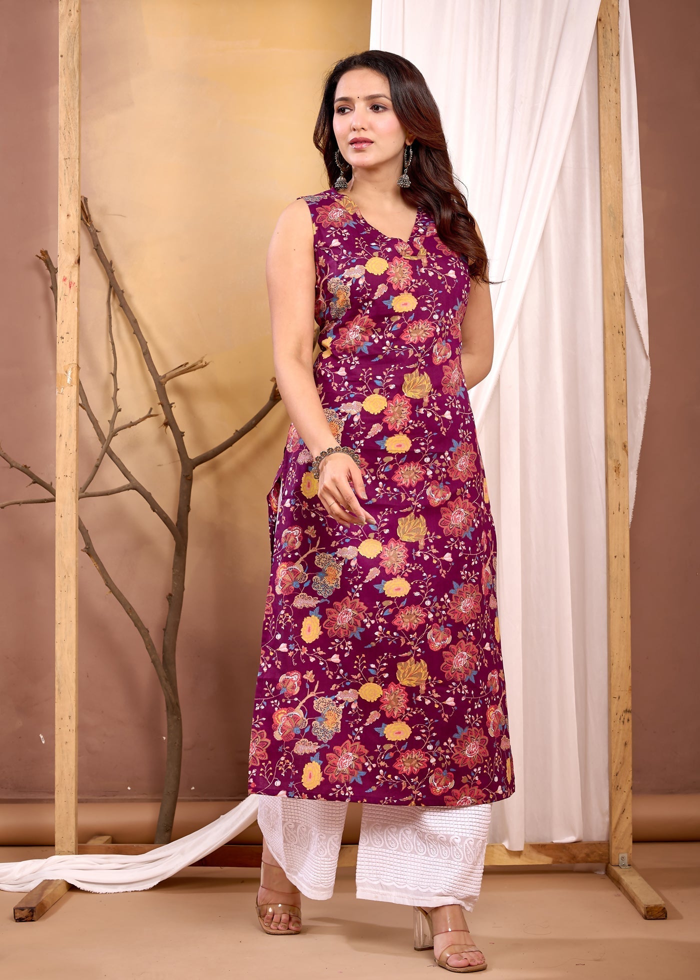 Burgundy Floral Printed Straight Sleeveless Kurta