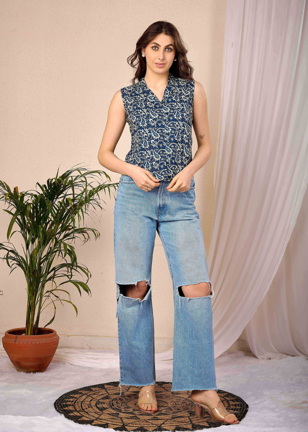 Blue Printed Straight Top