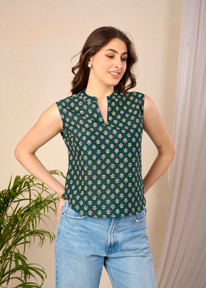 Green Printed Straight Top