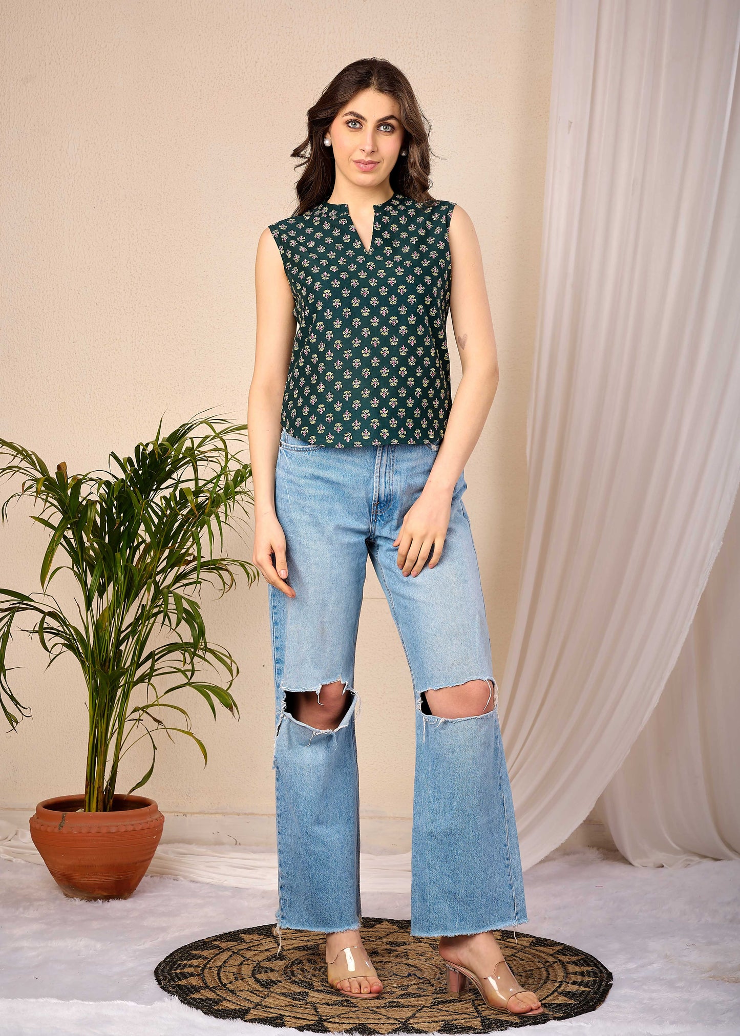 Green Printed Straight Top