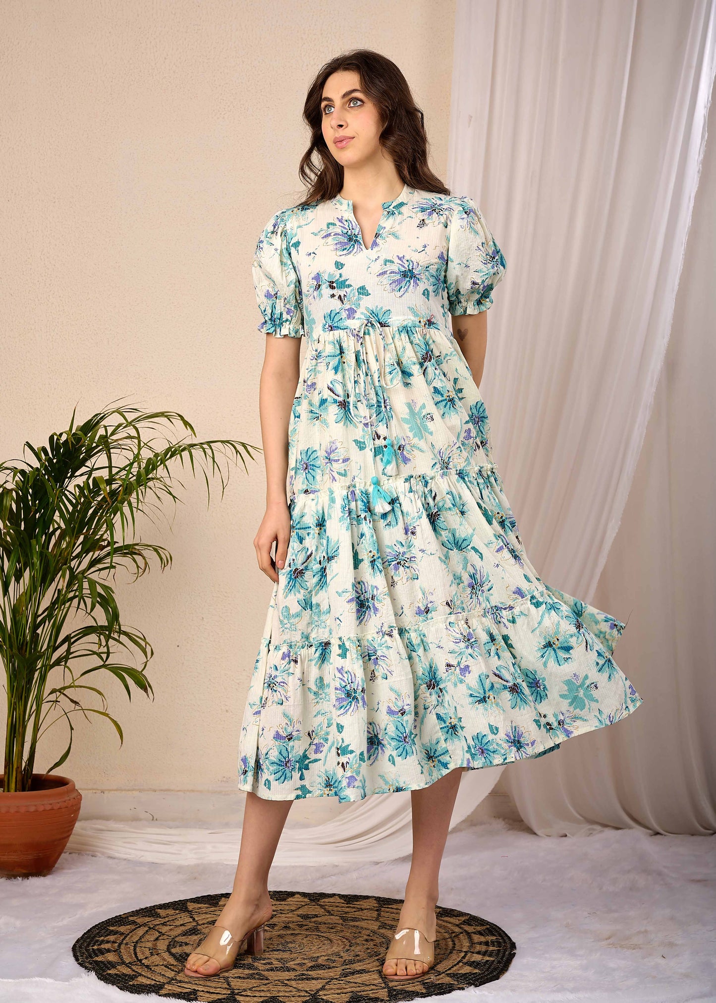Off White Floral Printed Flared Dress