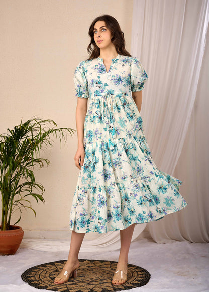 Off White Floral Printed Flared Dress