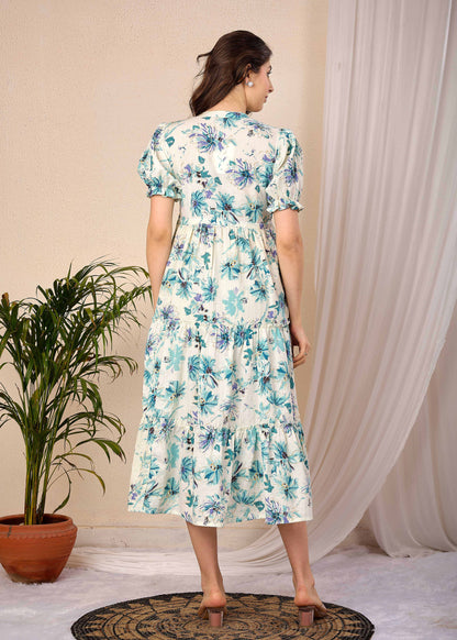 Off White Floral Printed Flared Dress