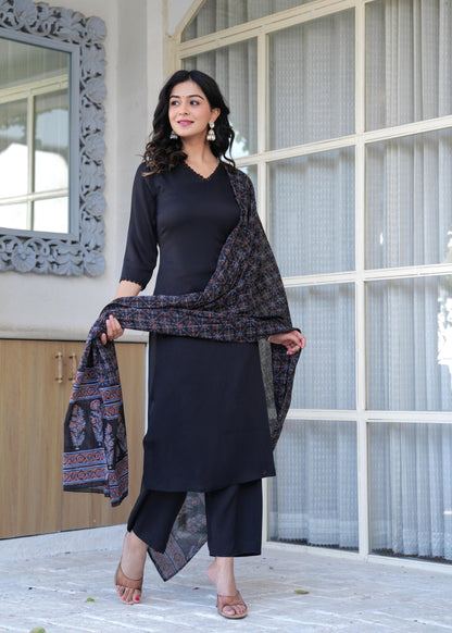 Black Straight Kurta Set With Printed Dupatta