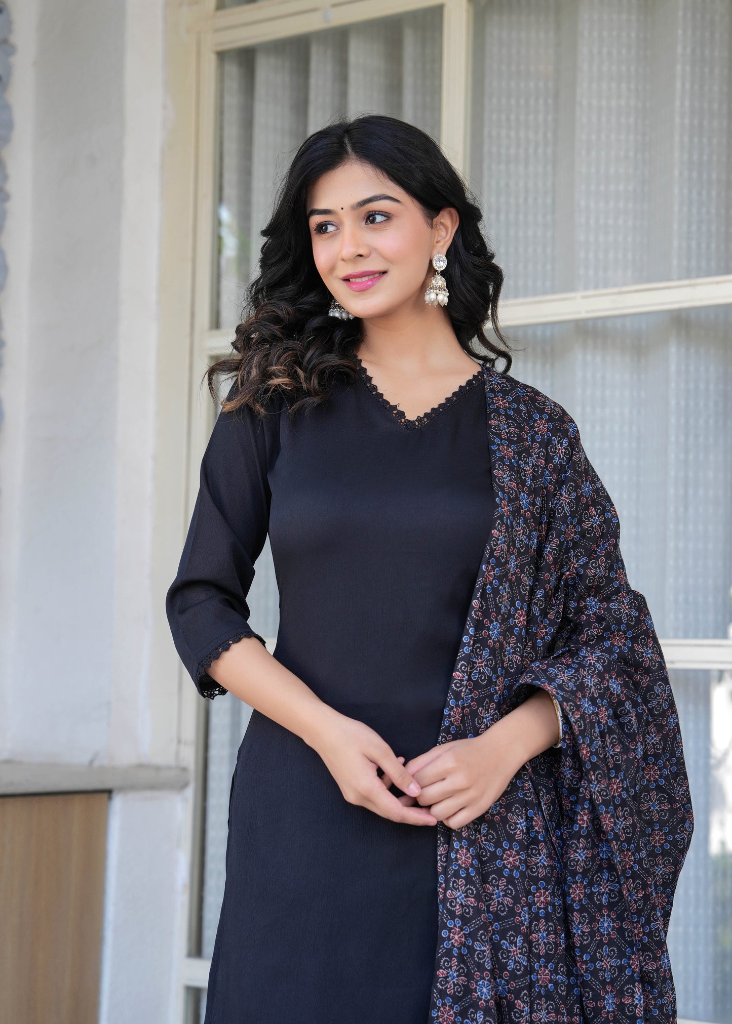 Black Straight Kurta Set With Printed Dupatta