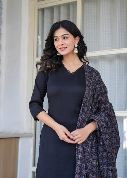 Black Straight Kurta Set With Printed Dupatta
