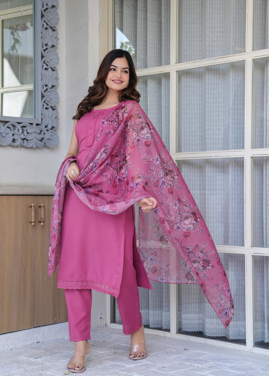 Mauve Solid Straight Kurta Set With Printed Dupatta
