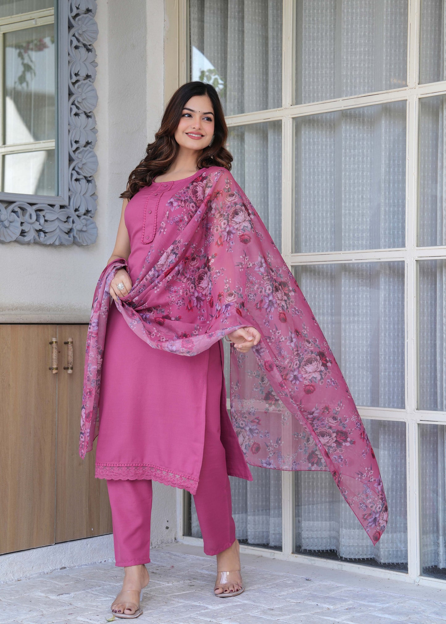 Mauve Solid Straight Kurta Set With Printed Dupatta