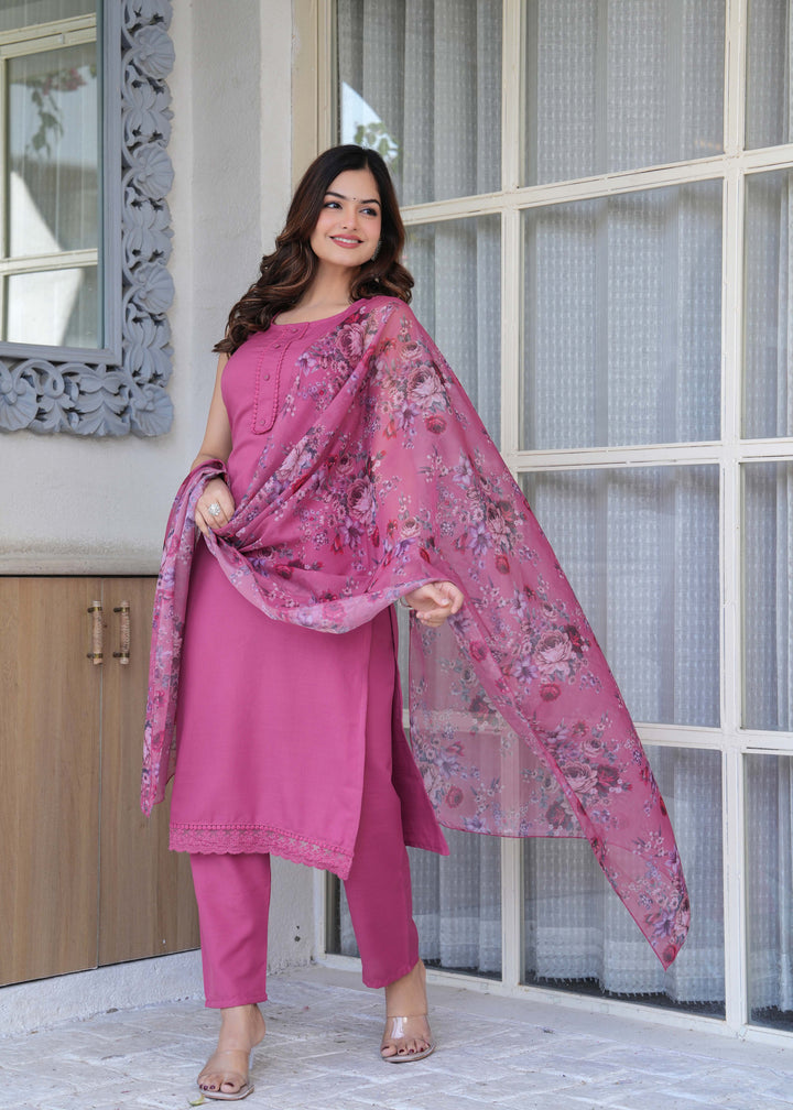 Mauve Solid Straight Kurta Set With Printed Dupatta