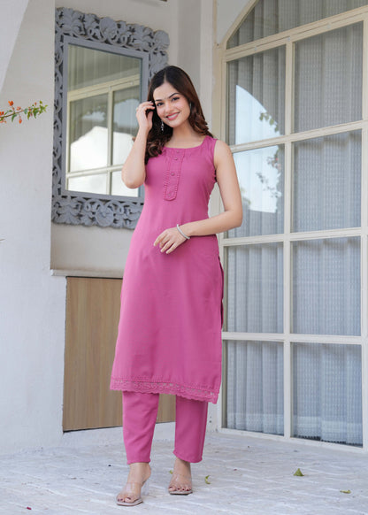 Mauve Solid Straight Kurta Set With Printed Dupatta