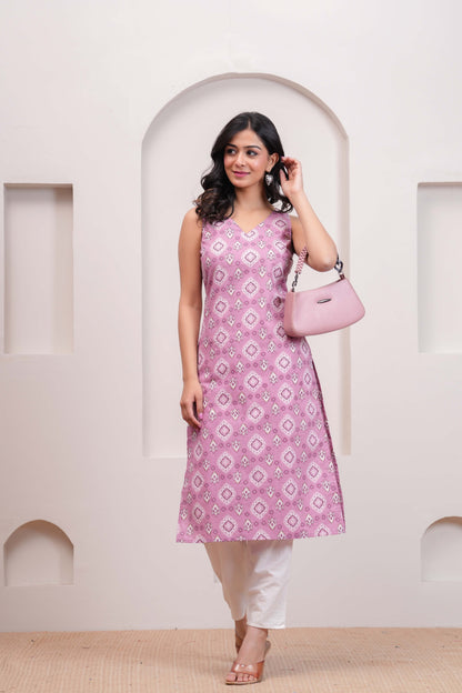 Mauve Printed Straight Sleeveless Kurta
