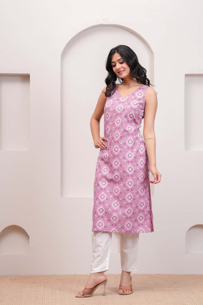 Mauve Printed Straight Sleeveless Kurta