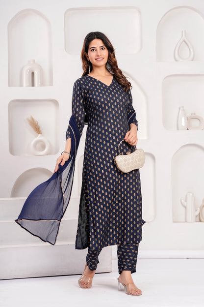 Navy Blue Printed Kurta Set With Solid Dupatta