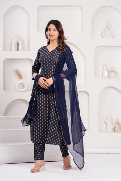 Navy Blue Printed Kurta Set With Solid Dupatta