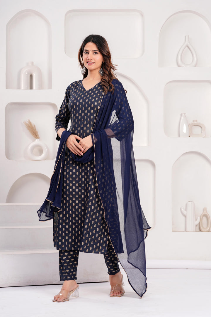 Navy Blue Printed Kurta Set With Solid Dupatta
