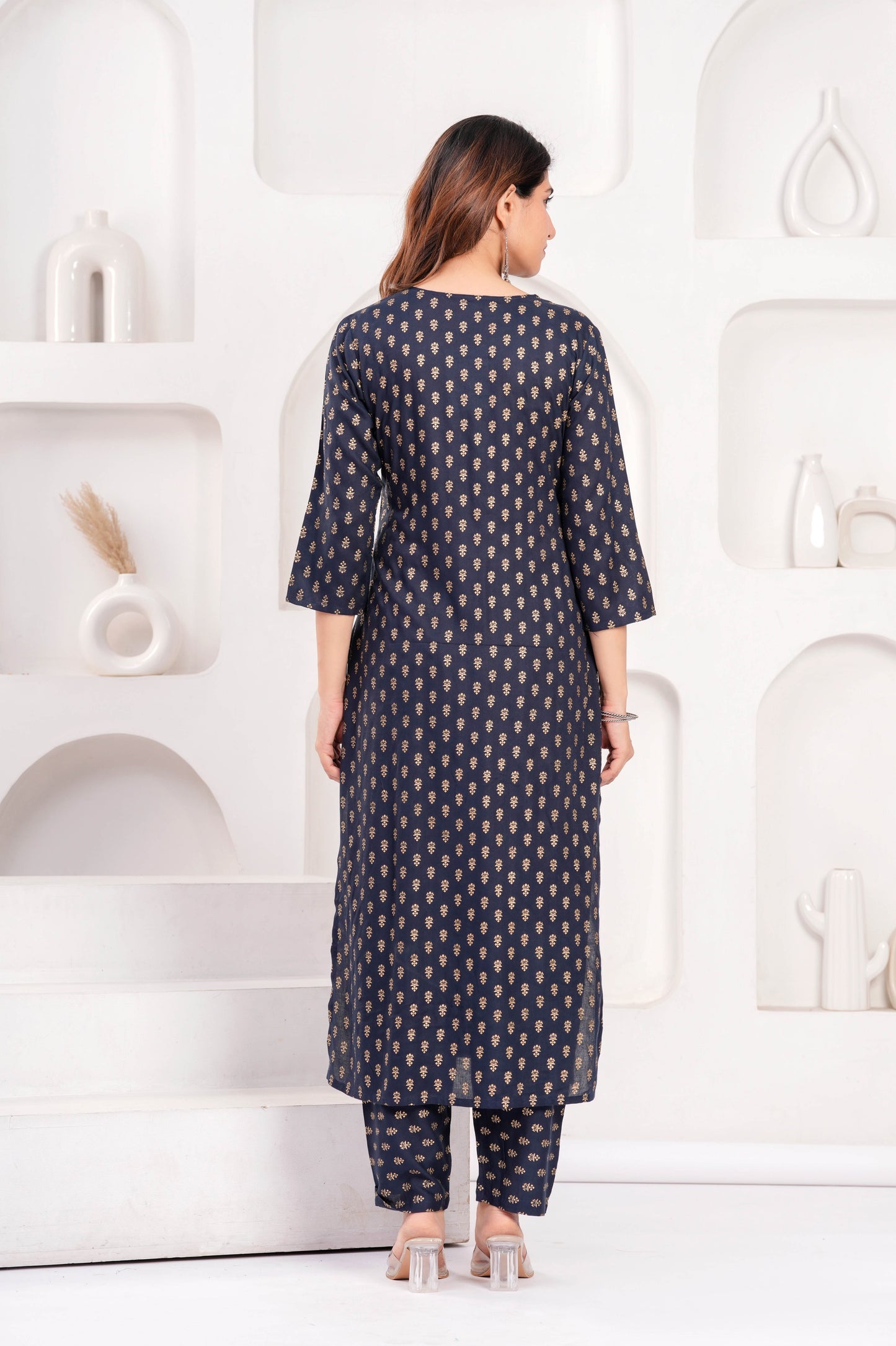 Navy Blue Printed Kurta Set With Solid Dupatta