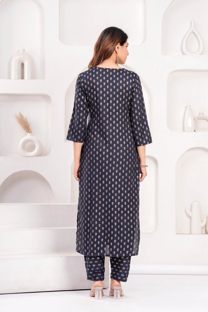 Navy Blue Printed Kurta Set With Solid Dupatta