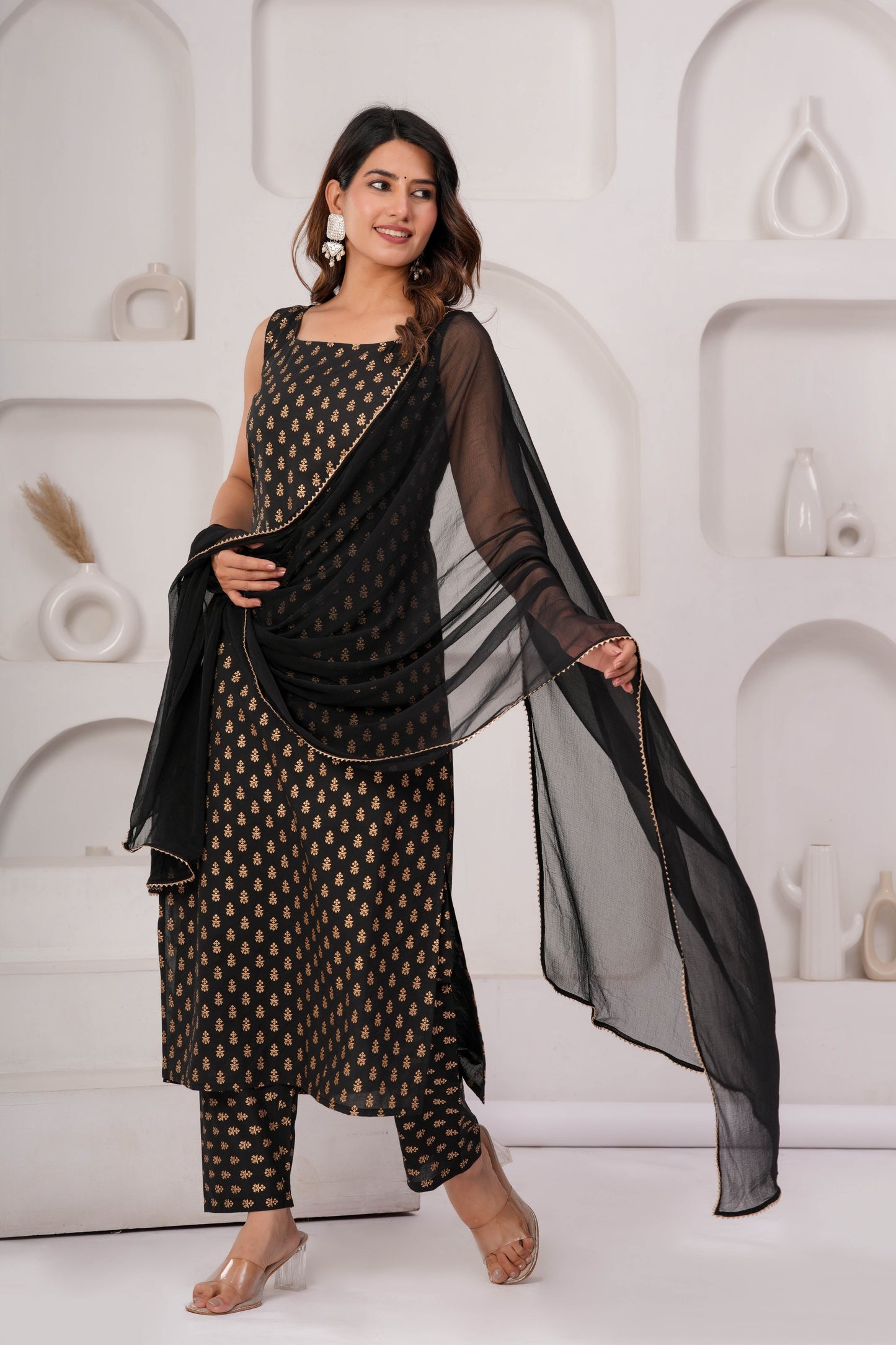 Black Printed Kurta Set With Solid Dupatta