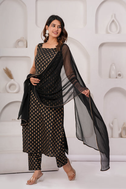 Black Printed Kurta Set With Solid Dupatta