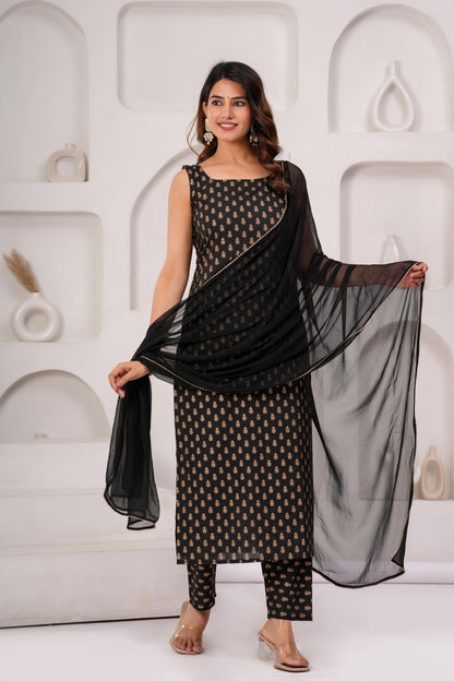 Black Printed Kurta Set With Solid Dupatta