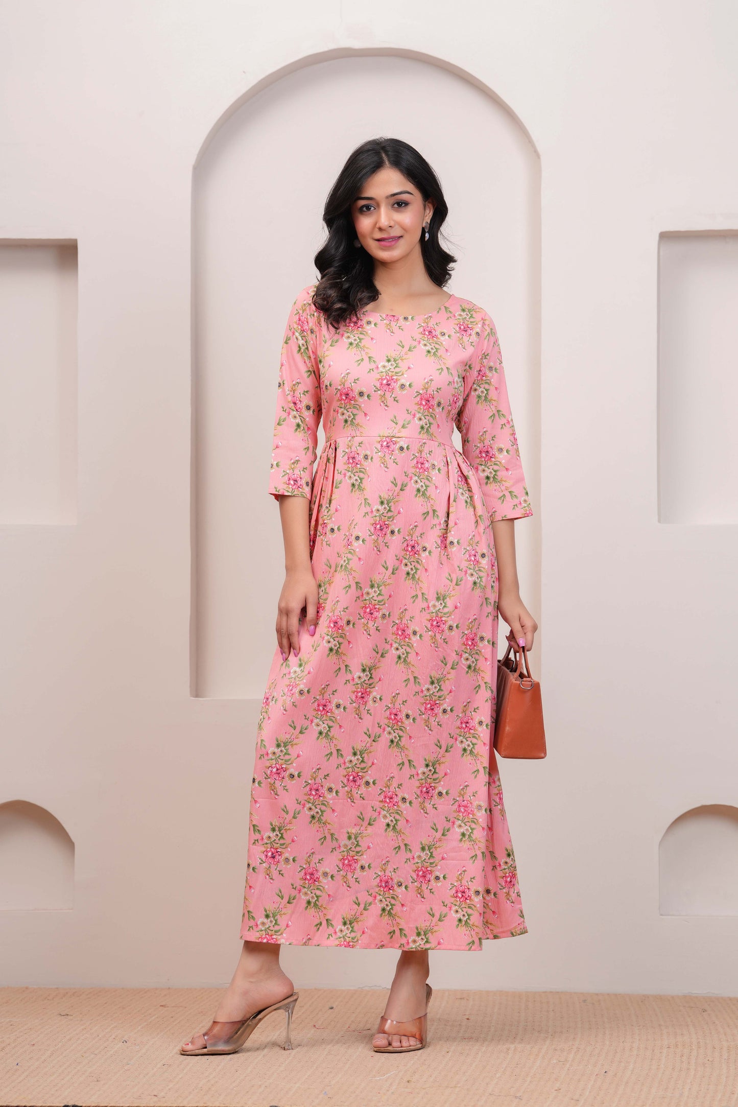 Peach Floral Printed Flared Dress