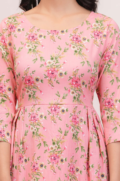 Peach Floral Printed Flared Dress