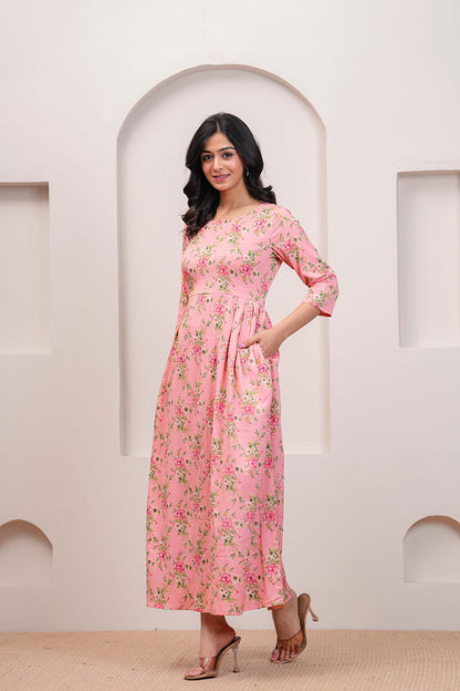Peach Floral Printed Flared Dress