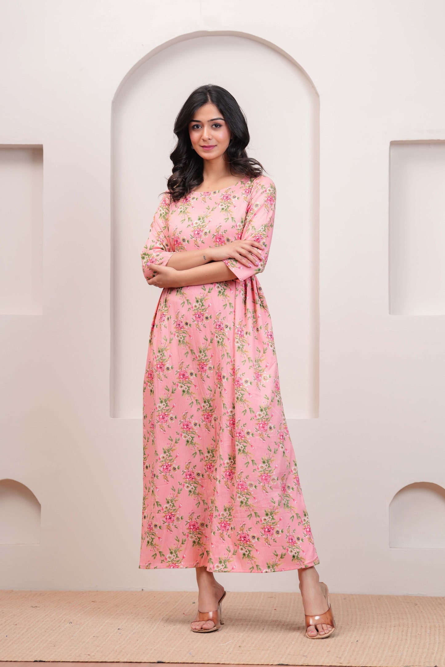 Peach Floral Printed Flared Dress
