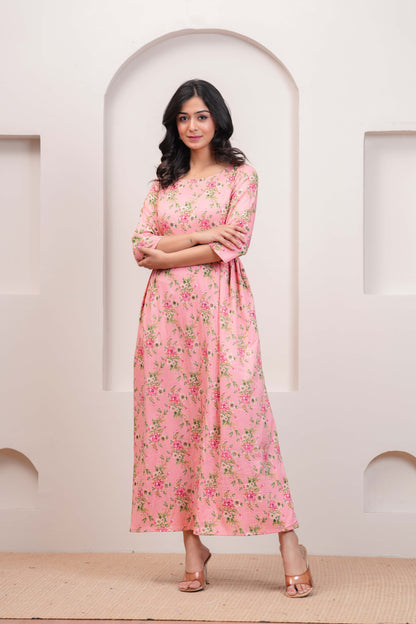 Peach Floral Printed Flared Dress