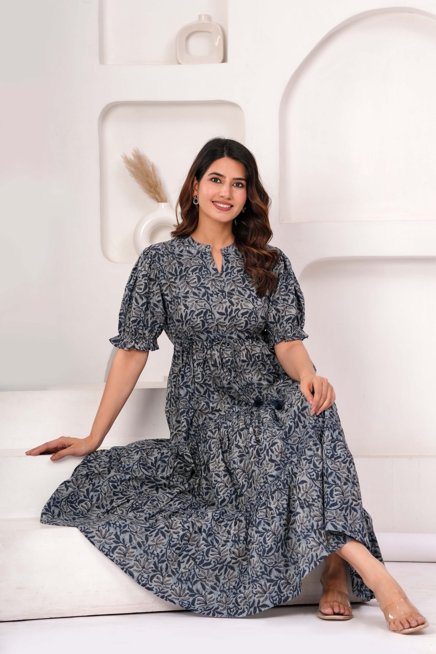 Grey Floral Printed Flared Dress