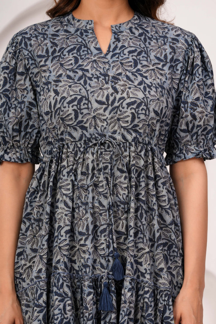 Grey Floral Printed Flared Dress