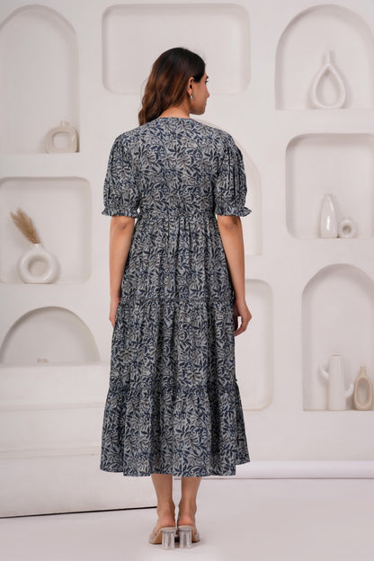 Grey Floral Printed Flared Dress