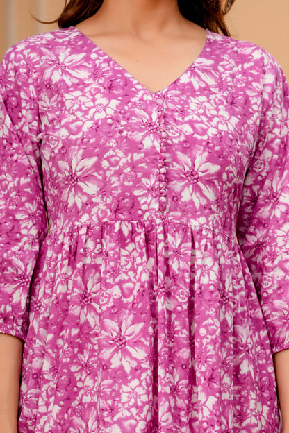 Purple Floral Printed Flared Dress