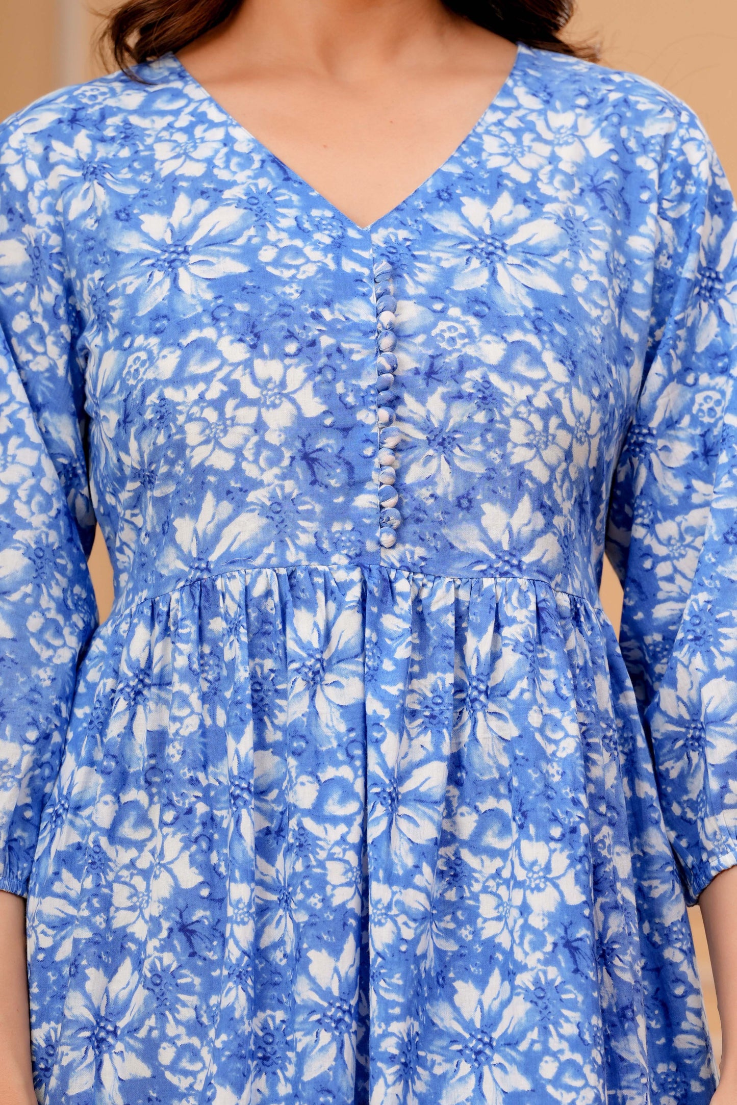 Blue Floral Printed Flared Dress