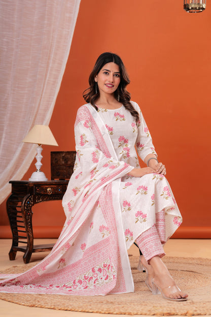 White Printed Anarkali Kurta Set With Dupatta