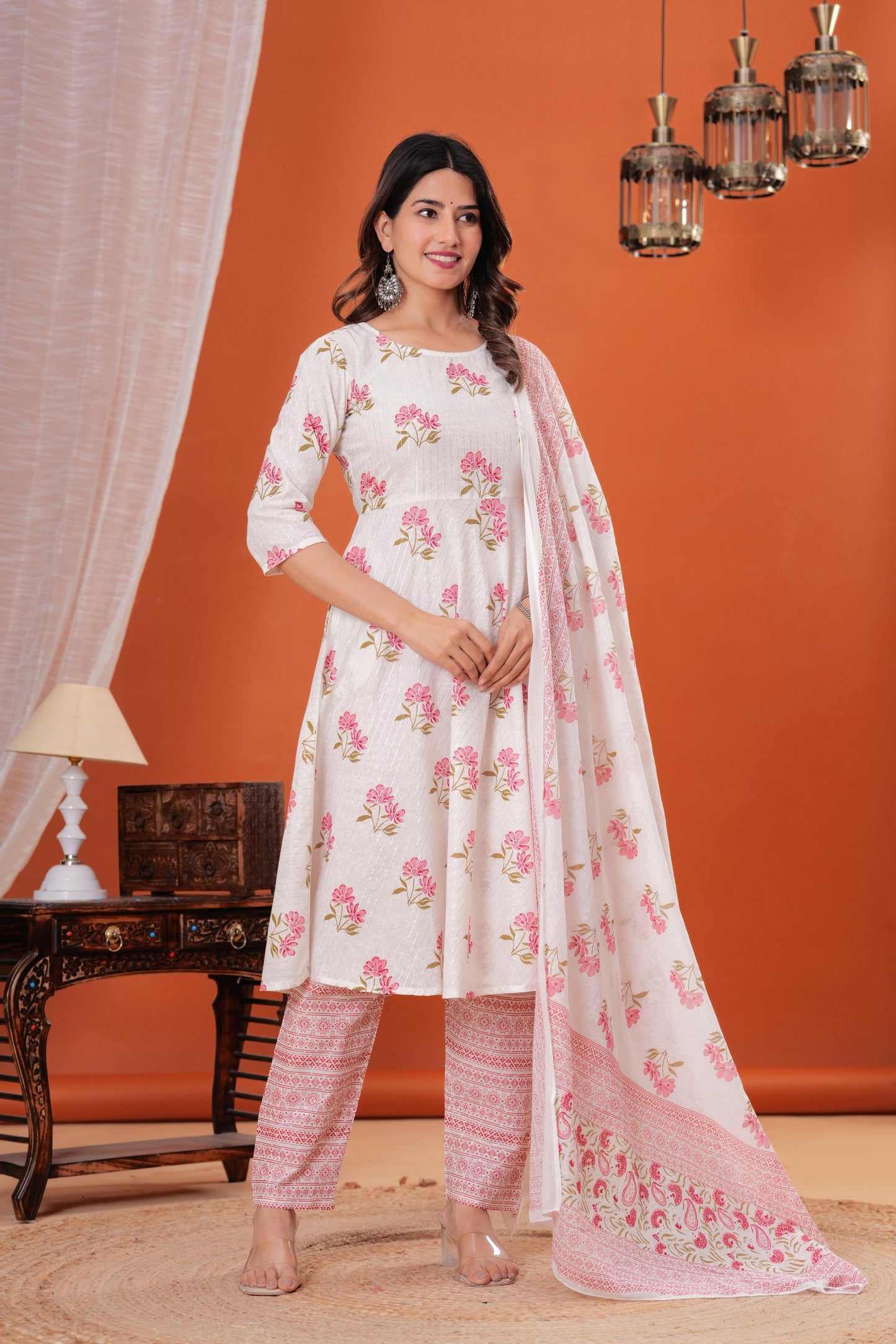 White Printed Anarkali Kurta Set With Dupatta