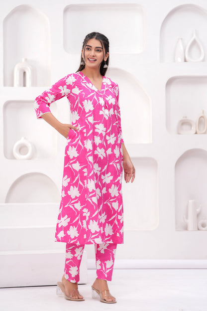 Pink Printed Two Piece Cotton Co-ord Set