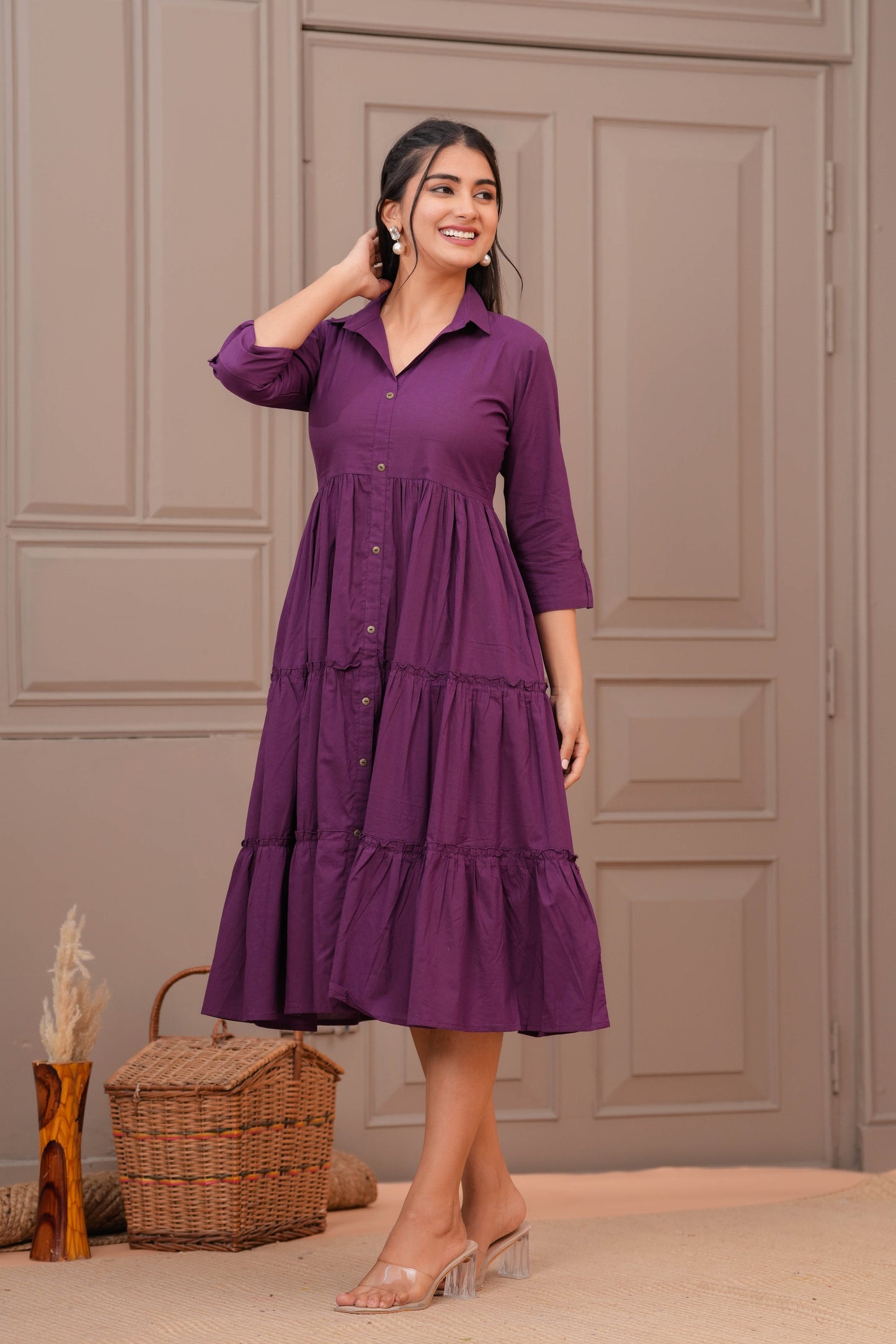 Purple Shirt Collar Casual Wear Dress