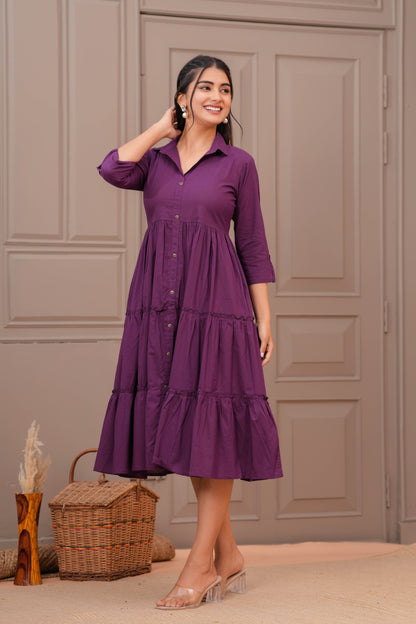 Purple Shirt Collar Casual Wear Dress