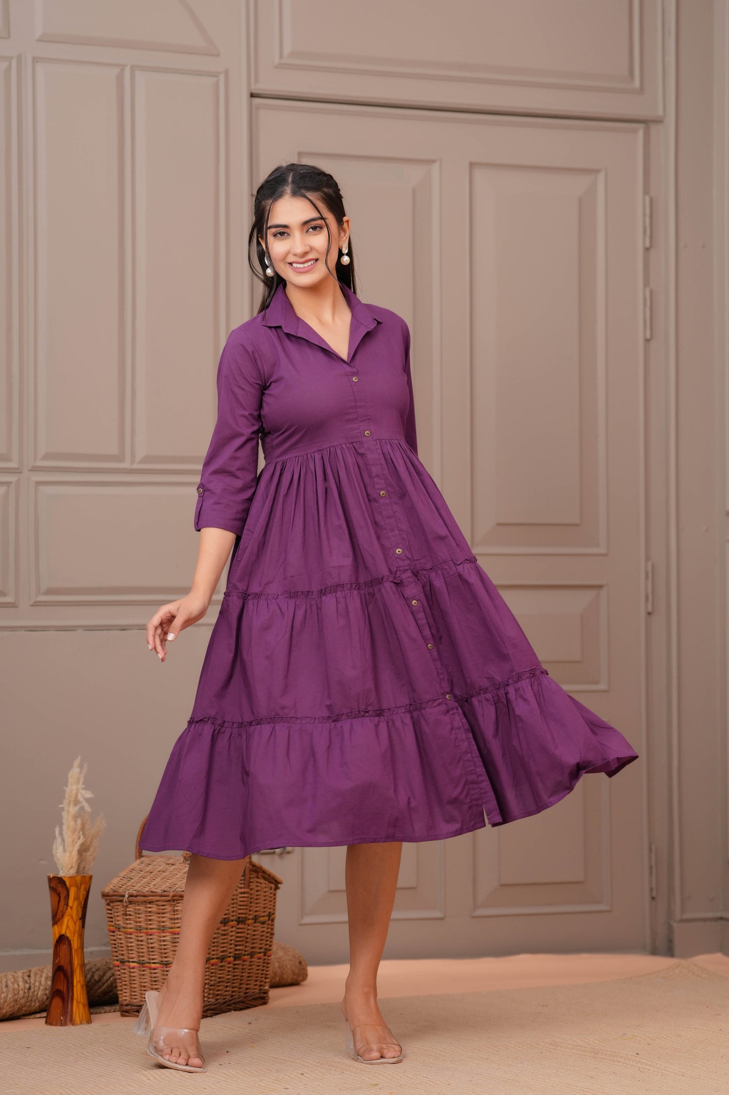 Purple Shirt Collar Casual Wear Dress