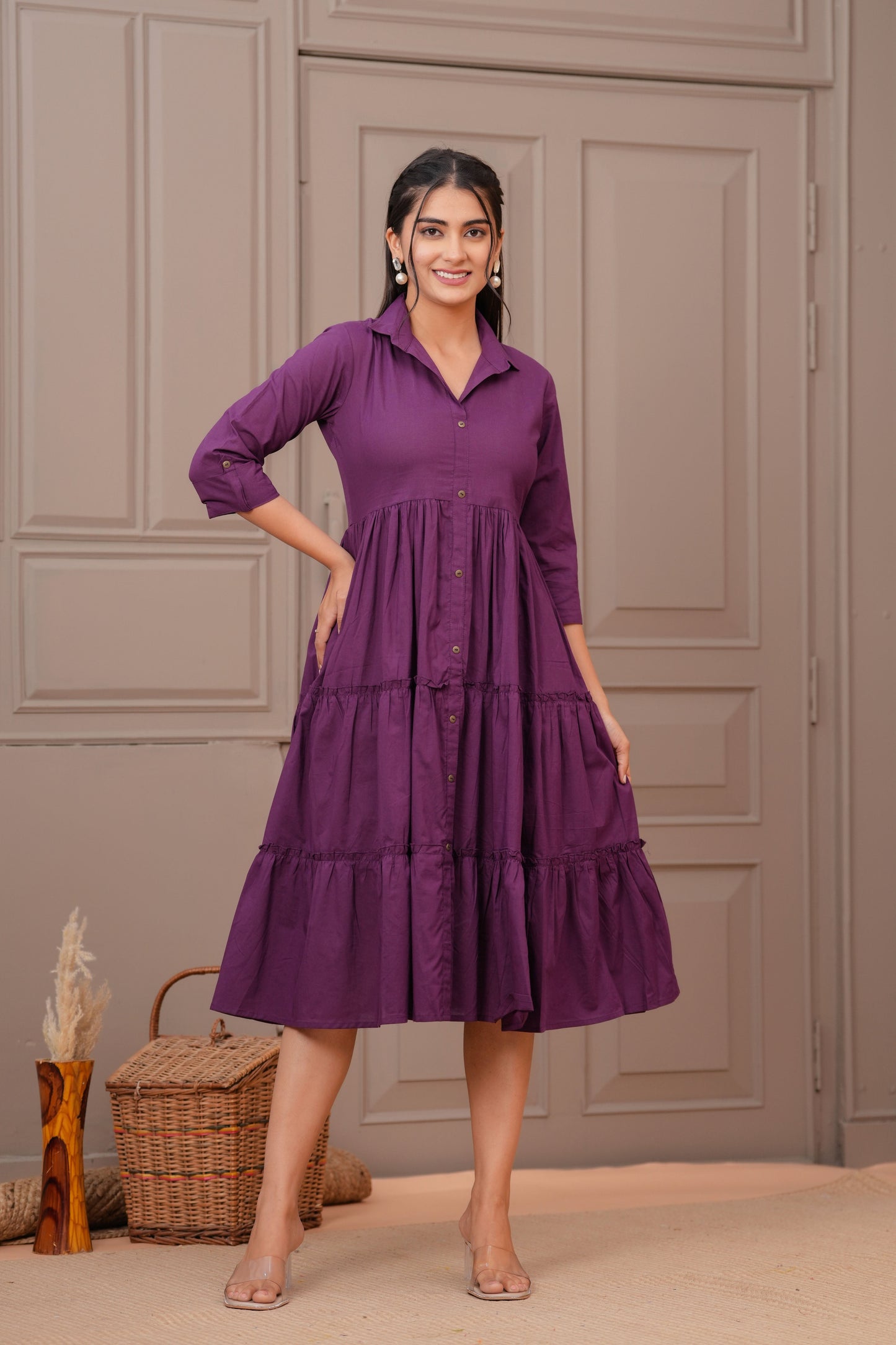 Purple Shirt Collar Casual Wear Dress