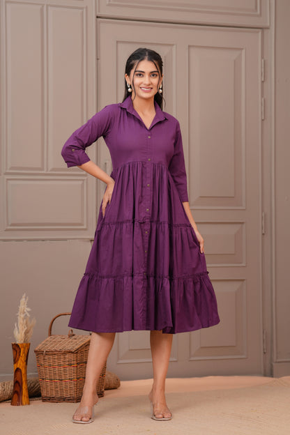 Purple Shirt Collar Casual Wear Dress