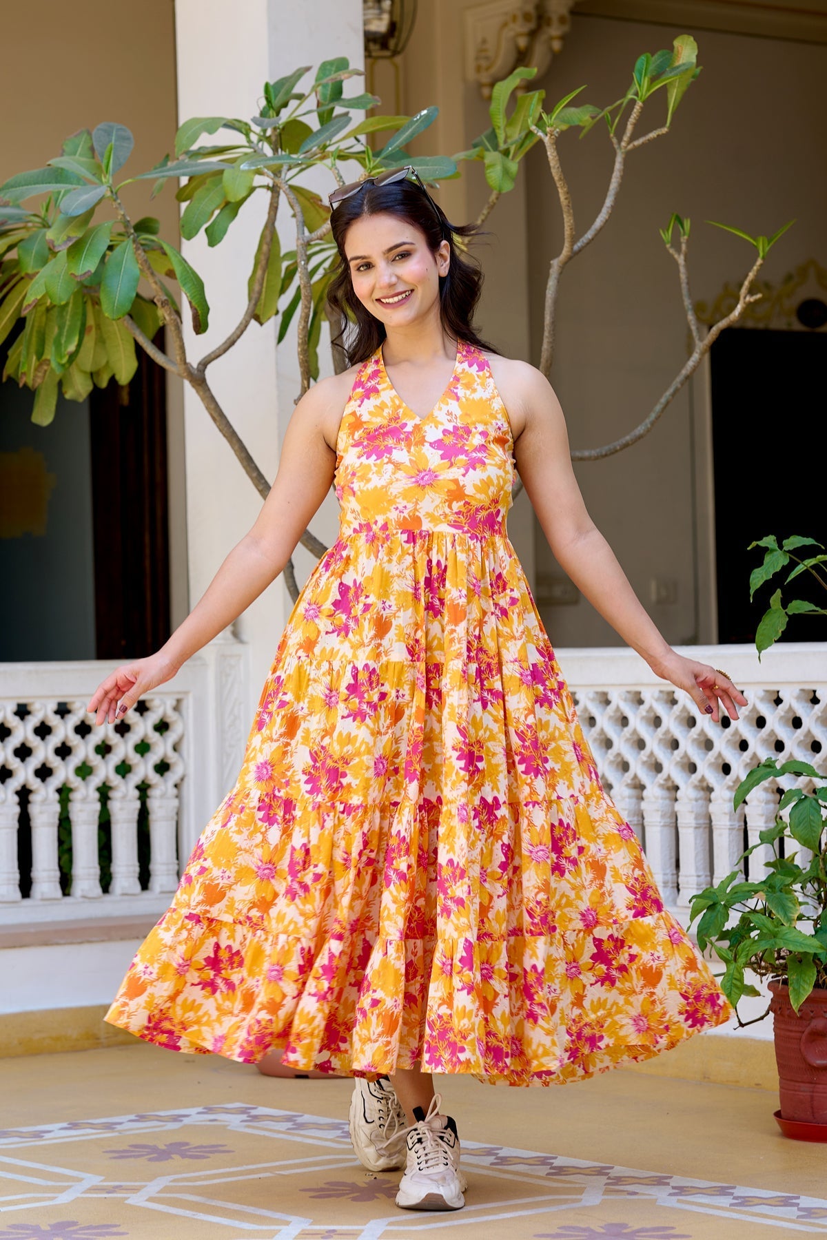 Floral Printed Pure Cotton Fit & Flare Ethnic Dress